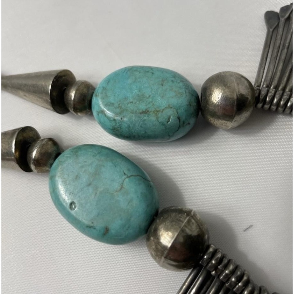 Vintage Fringe Statement Necklace Faux Turquoise Silver Tone 21.5" Boho Beaded - Picture 6 of 9